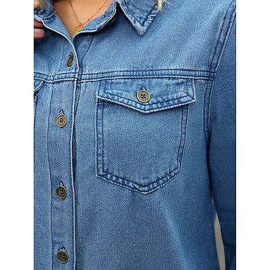 Women's Denim Shirt Puffy Long Sleeve Button Down Shirts with Pocket Casual Work Blouses Jean Top