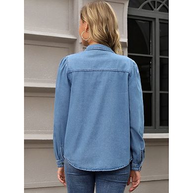Women's Denim Shirt Puffy Long Sleeve Button Down Shirts with Pocket Casual Work Blouses Jean Top