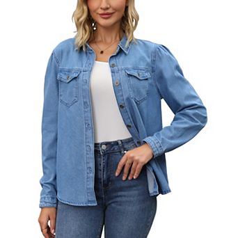 Women's Denim Shirt Puffy Long Sleeve Button Down Shirts with Pocket Casual Work Blouses Jean Top