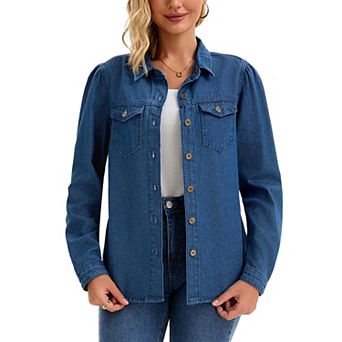 Women's Denim Shirt Puffy Long Sleeve Button Down Shirts with Pocket Casual Work Blouses Jean Top