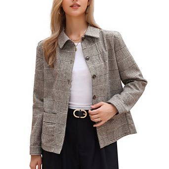 Cropped Shacket Plaid Jacket for Women Long Sleeve Fall Trendy Button Down Shirt with Pockets