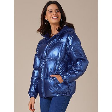 Women's Casual Shiny Pockets Hooded Winter Puffer Jackets Coats
