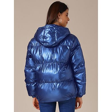 Women's Casual Shiny Pockets Hooded Winter Puffer Jackets Coats