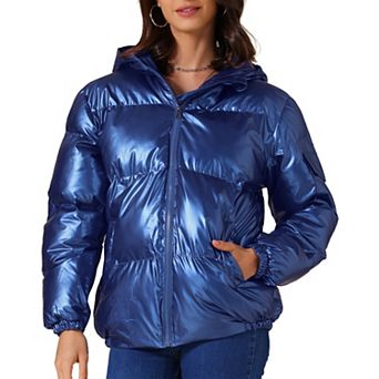Women's Casual Shiny Pockets Hooded Winter Puffer Jackets Coats