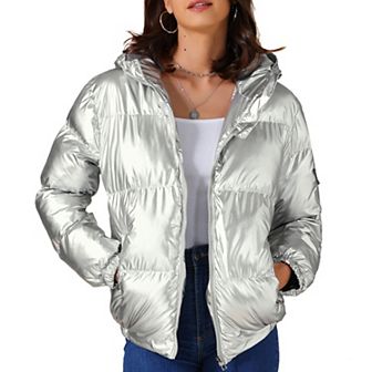 Women's Casual Shiny Pockets Hooded Winter Puffer Jackets Coats