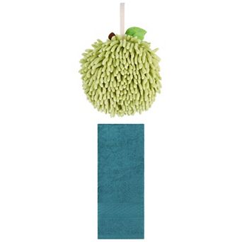 2 pc Solid Textured Pattern Hand Towels and Soft Fluffy Chenille Ball Hand Towels Set 13"x30"&6"x6"