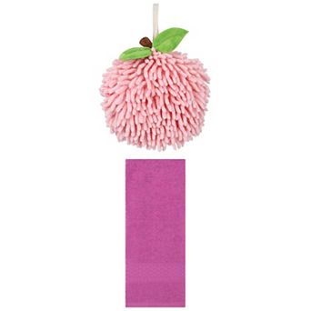 2 pc Solid Textured Pattern Hand Towels and Soft Fluffy Chenille Ball Hand Towels Set 13"x30"&6"x6"
