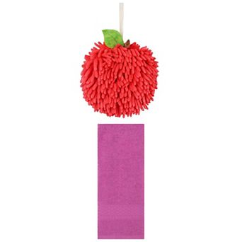 2 pc Solid Textured Pattern Hand Towels and Soft Fluffy Chenille Ball Hand Towels Set 13"x30"&6"x6"