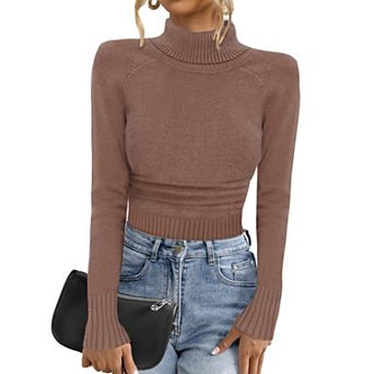 Turtleneck Sweater Blouse for Women Long Sleeve Ribbed Knitted Pullover Top
