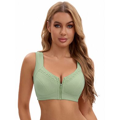 Women's Zip Front Closure Full Coverage Wirefree Tank Back Bralette Wide Straps Bras