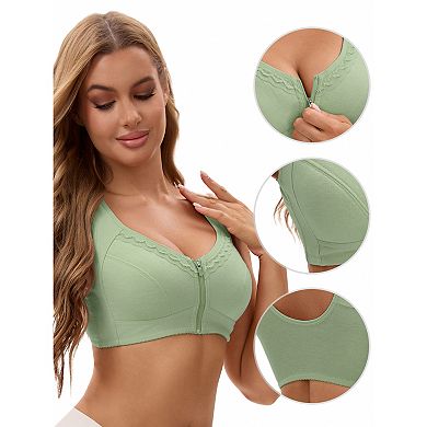Women's Zip Front Closure Full Coverage Wirefree Tank Back Bralette Wide Straps Bras