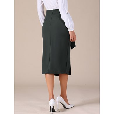 Women's Work Midi Skirt Straight Knot Split Hem High Waisted Skirts