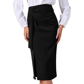 Women's Work Midi Skirt Straight Knot Split Hem High Waisted Skirts