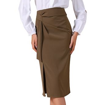 Women's Work Midi Skirt Straight Knot Split Hem High Waisted Skirts