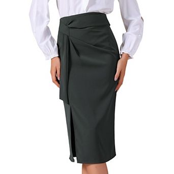 Women's Work Midi Skirt Straight Knot Split Hem High Waisted Skirts