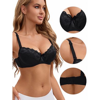 Women's 2 Pcs Lace Trim Full Coverage Adjustable Strap Push Up Convertible Bra