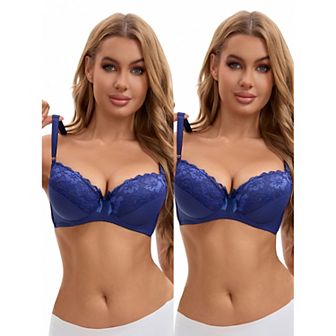 Women's 2 pc Lace Trim Full Coverage Adjustable Strap Push Up Convertible Bra