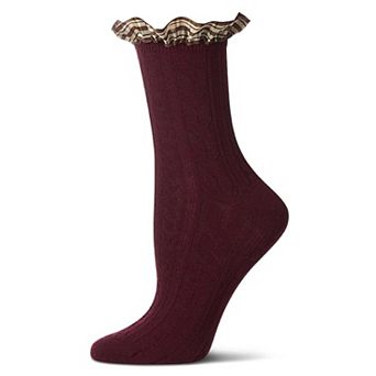 Women's Wool Blend Plaid Ruffle-Cuff Chain Stitch Crew Sock