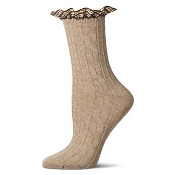 Women's Wool Blend Plaid Ruffle-Cuff Chain Stitch Crew Sock