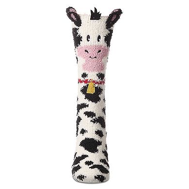 Women's Plush Cow-Themed Embellished Crew-Length Lounge Sock