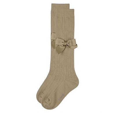 Girls Ribbed Stretch Cotton Bow Trim Knee Sock