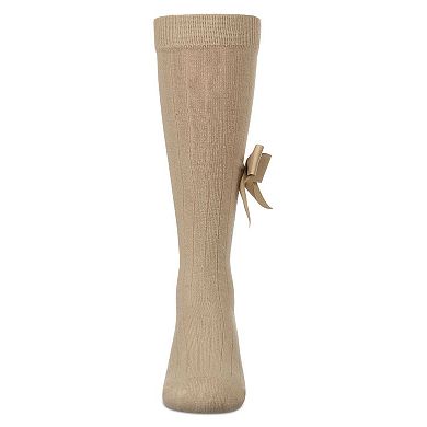 Girls Ribbed Stretch Cotton Bow Trim Knee Sock