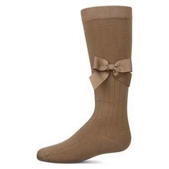 Girls Ribbed Stretch Cotton Bow Trim Knee Sock