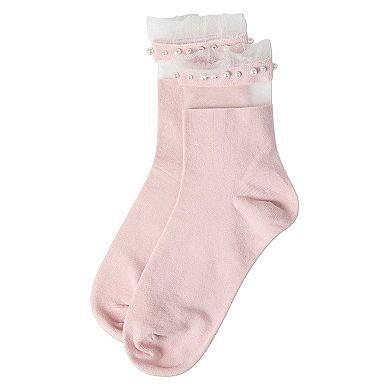 Women's Sheer Ruffle Cuff Faux Pearl Anklet Sock