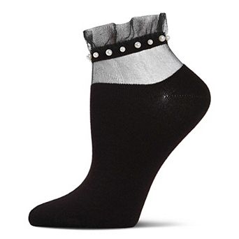 Women's Sheer Ruffle Cuff Faux Pearl Anklet Sock