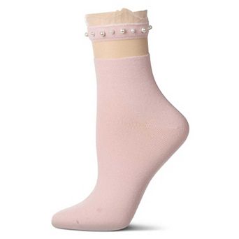 Women's Sheer Ruffle Cuff Faux Pearl Anklet Sock