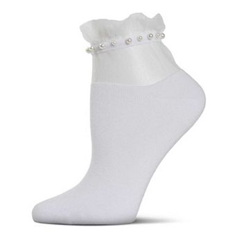 Women's Sheer Ruffle Cuff Faux Pearl Anklet Sock