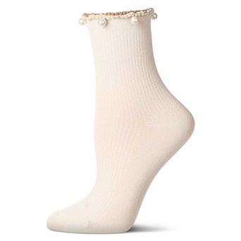 Women's Cotton Rich Faux Pearl Trimmed Lettuce Edge Ankle Sock
