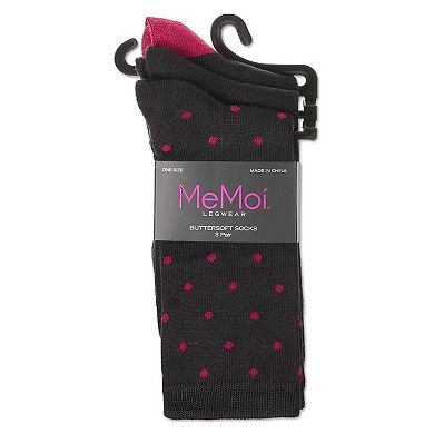 3 Pairs Women's ButterSoft Polytam Polka Dot and Solid Colors Crew Socks