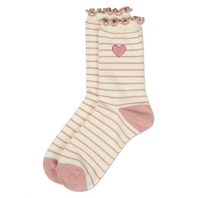 Women's Embroidered Heart Striped Crew Socks