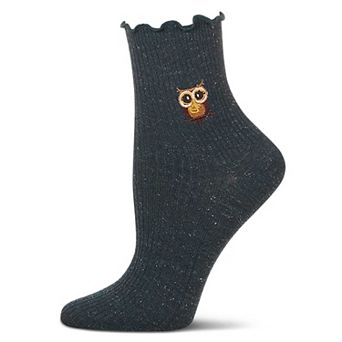 Women's Ribbed Cotton Blend Lettuce Edge Embroidered Owl Crew Sock