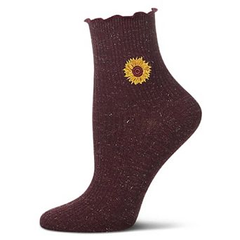 Women's Sparkly Ribbed Lettuce Edge Embroidered Sunflower Crew Sock