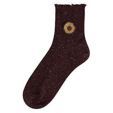Women's Sparkly Ribbed Lettuce Edge Embroidered Sunflower Crew Sock