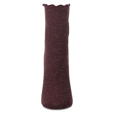 Women's Sparkly Ribbed Lettuce Edge Embroidered Sunflower Crew Sock