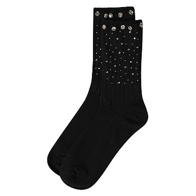 Women's Ribbed Rhinestone Studded Cotton Rich Crew Sock