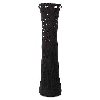 Women's Ribbed Rhinestone Studded Cotton Rich Crew Sock