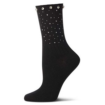 Women's Ribbed Rhinestone Studded Cotton Rich Crew Sock