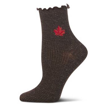 Women's Sparkly Ribbed Lettuce Edge Embroidered Leaf Crew Sock