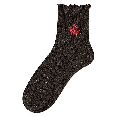 Women's Sparkly Ribbed Lettuce Edge Embroidered Leaf Crew Sock