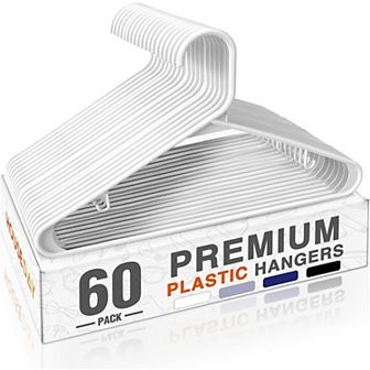 HOUSE DAY Durable Plastic Hangers Light-Weight with Hooks White 60 Pack