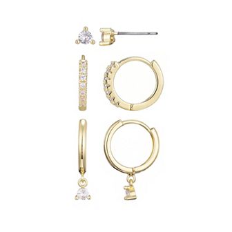 Adornia 14k Gold Plated 3-Pair Cubic Zirconia Earring Set