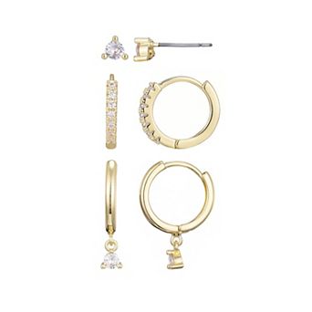 Adornia 14k Gold Plated 3-Pair Cubic Zirconia Earring Set