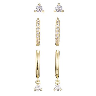 Adornia 14k Gold Plated 3-Pair Cubic Zirconia Earring Set