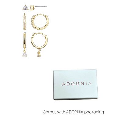 Adornia 14k Gold Plated 3-Pair Cubic Zirconia Earring Set