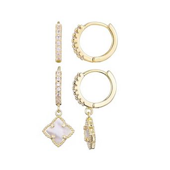 Adornia 14k Gold Plated Mother-of-Pearl Clover Cubic Zirconia Huggie Earring Duo Set