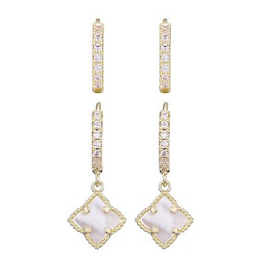 Adornia 14k Gold Plated Mother-of-Pearl Clover Cubic Zirconia Huggie Earring Duo Set